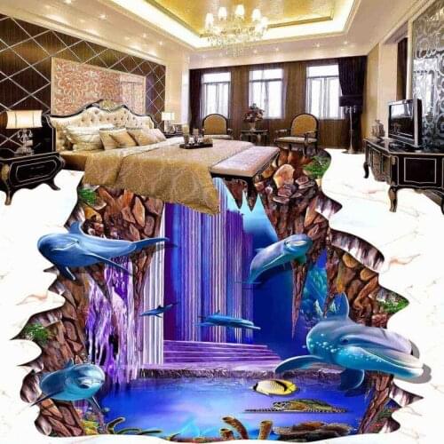 Free shipping kitchen tea house decoration white marble dolphin non-slip waterproof floor wallpaper mural