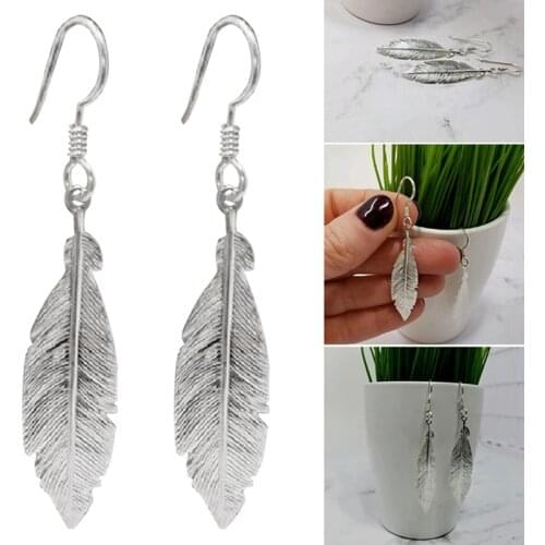 Bohemia Vintage Silver Color Feather Dangle Earing Feather Leaf Drop Earrings For Women Personality Simple Party Wedding Jewelry