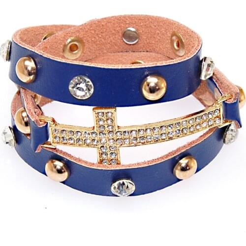 Miasol Golden Plating Real Leather Wrap Studded Leather Crystal Cross Double Wrap Charm Bracelet For Women Party Wedding Gift