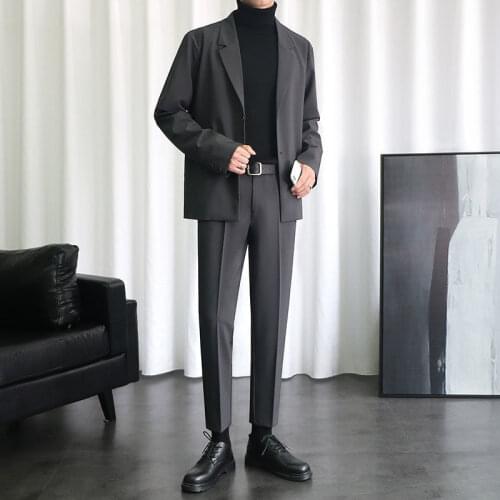 2 Pcs Suits Men 2021 Spring Solid Color Long Sleeve Slim Blazer Suits for Men Wedding Busniess Suits Set Costumes Homme W463