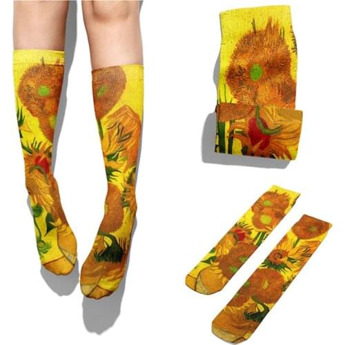 The Famous Van Gogh Sunflower Women Socks Men Novelty Casual Long Socks Cotton Elastic Breathable Compression Straight Socks