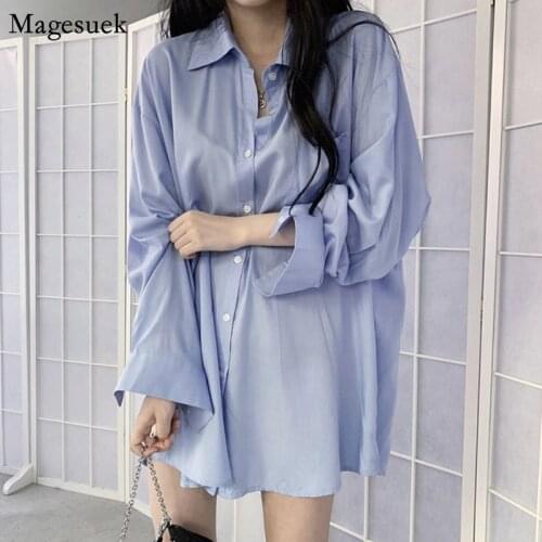 New Spring Autumn Plus Size Casual Loose Blue White Blouse Women Cardigan Button Long Sleeve Women Shirt Solid Ladies Tops 12506