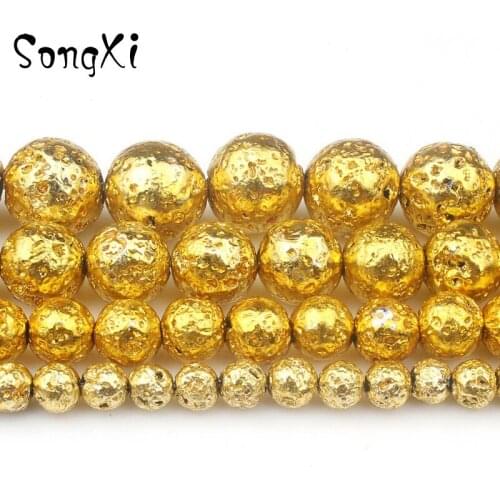 Wholesale Plated Gold Lava Stone Beads 4 6 8 10mm 15'' Volcanic Rock Round Loose Beads for Jewelry Making DIY Bracelet Necklace
