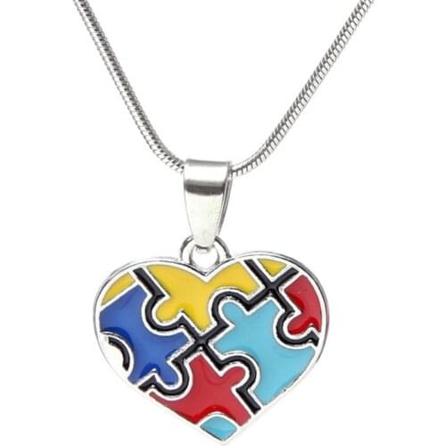 DoreenBeads Autism Awareness Children Kids Necklace Silver Color Link Chain Heart Jigsaw Puzzle Piece Enamel Warm Gift Accessory