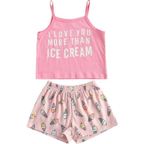 Girls Casual Suit, Letter Print Loose Sling Camisole, Cartoon Ice Cream Elastic Waist Shorts