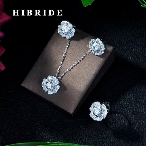 HIBRIDE Luxury Cubic Zirconia Necklace Bracelet Earring and Ring 4pcs Dubai Full Jewelry Set for Women,Bridal Dress Dinner N-222