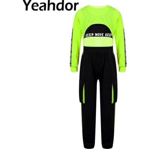 3Pcs Kids Girls Sport Suit Long Sleeves Crop Tops with Tank Vest and Dungarees Sweatpants Set for Hip Hop Modern Jazz Dance