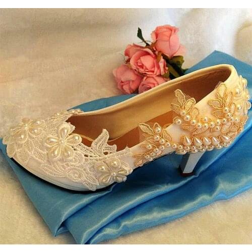 Ivory pearls champagne lace wedding pumps shoes bride handmade plus size party dinner brides bridal platforms wedding pumps