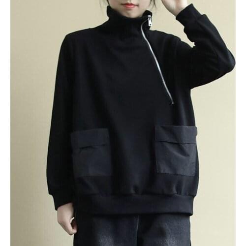 Oversized Vintage Sweatshirt Women Plus Size Clothing Turtleneck Zip Up Hoodie Fleece Thicken Black Sweatershirts For Women