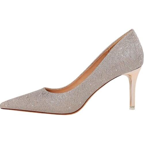 Korean banquet womens shoes metal heel shallow mouth pointed sexy night club show thin high heels single shoes