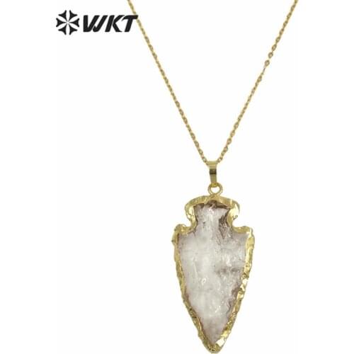 WT-N791 Exclusive 2" Big Stone Necklace natural stone arrowhead pendant with 24k gold strim stone necklace jewelry