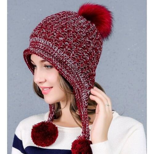 2021 Ladies Hat Wool Hat Sanmao Ball Back Open Knit Hat Plus Velvet Thick Knit Hat Warm Girl Autumn and Winter Ear Protection