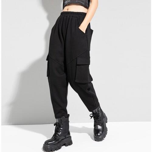 NYFS Spring Autumn 2021 New Women Harem Pants Black Elastic Waist Thick rice woolen cloth Full Length Trousers