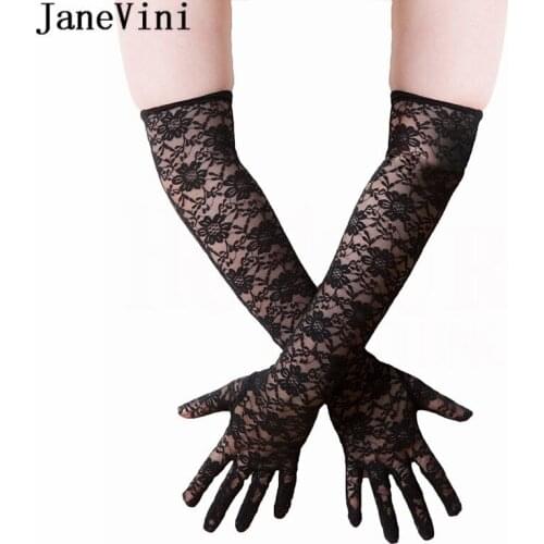 JaneVini Sexy Black Lace Gloves Women Wedding Long White Gloves Cheap Weddings Glove Elbow Length Bridal Accessories Liga Novia