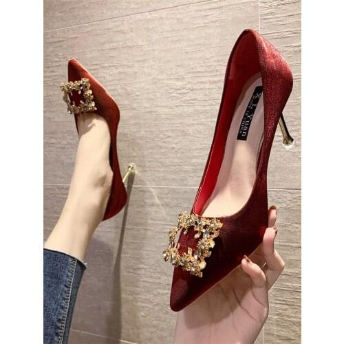 High heels womens spring and autumn 2021 new Korean style simple rhinestone stiletto pointed shallow mouth wedding shoes