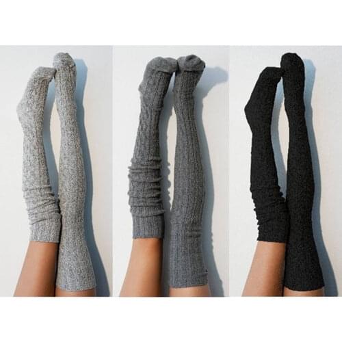 Women Winter Cotton Thick Crochet Cable Knit Over knee Long Boot Wool Warm Thigh High Stockings Pantyhose Leg Warmers Black Gray