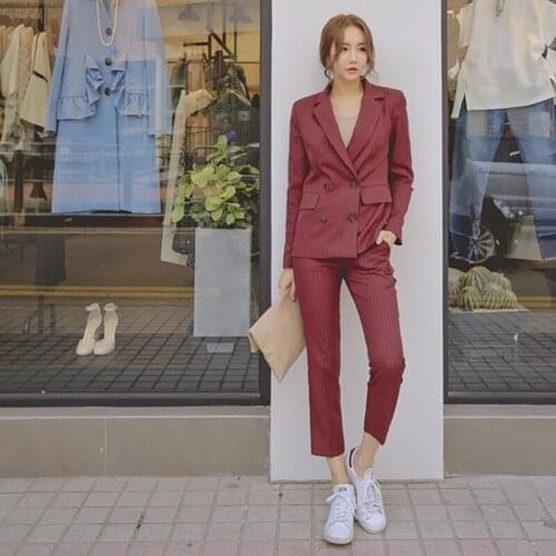 New Brand Striped Casual Women Suits Office Sets Long Sleeve Slim Fit Blazer Straight Nine Length Pants Business Suits Ladies