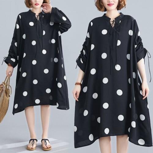 2020 Fashion Plus Size Chiffon Dot Dress For Women Summer Vintage Stand collar Long sleeve Bow Cuffs Dress Ladies Vestidos Z227