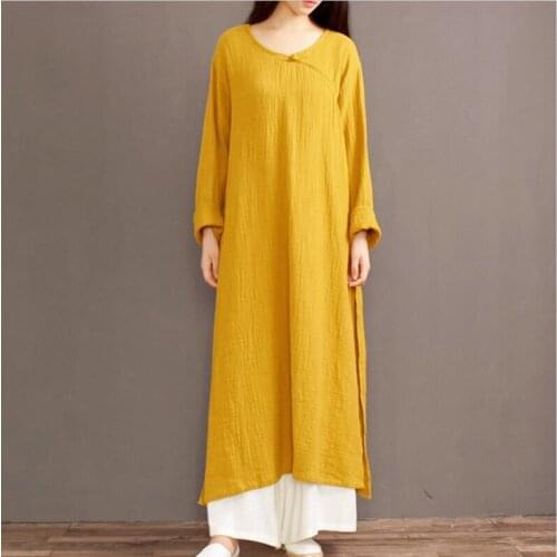 Cotton Linen Solid Women Split Dress 2020 Spring Vintage Long Sleeve O-Neck Loose Casual Dress Plus Size L-6XL red black yellow