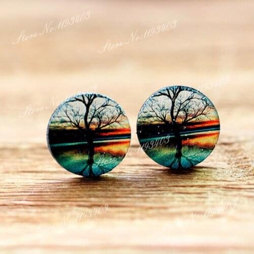 10pcs Unique 3D Tree Embossed 16mm Round Coloured Drawing pattern Laser Cut wood Cabochon DIY for Rings, Earring,Brooch,Necklace