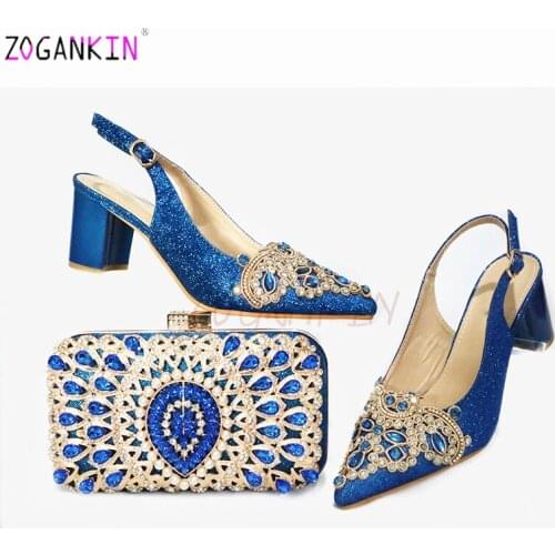 2020 Mature Style African Women Shoes and Bag in Blue Color for Garden Party Nigerian Women Shoes Matching Bag for Wedding