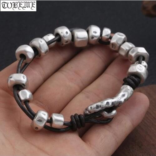 3D Hard 999 Silver Beaded Bracelet Leather Silver beaded Bracelet Vintage Style Man Bracelet Jewelry