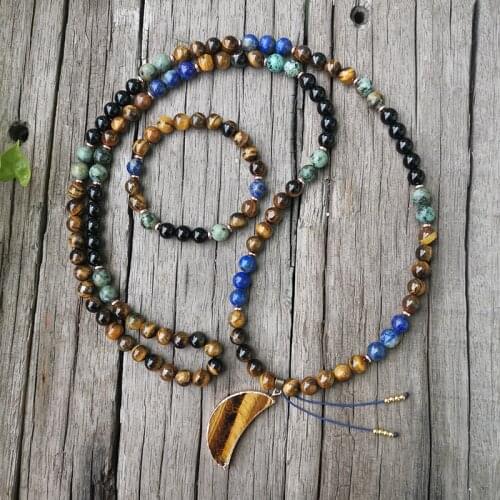 8mm Natural Stone Beads,Lapis,Tigers Eye,Awaken,Moon,JapaMala Sets,Spiritual Jewelry,Meditation,Inspirational,108 Mala Beads