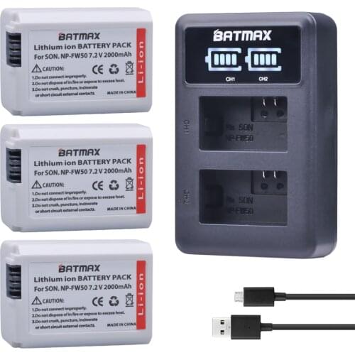 Batmax 3X 2000mAh NP-FW50 NP FW50 Camera Battery + LED USB Dual Charger for Sony Alpha a6500 a6300 a6000 a5000 a3000 NEX-3 a7R