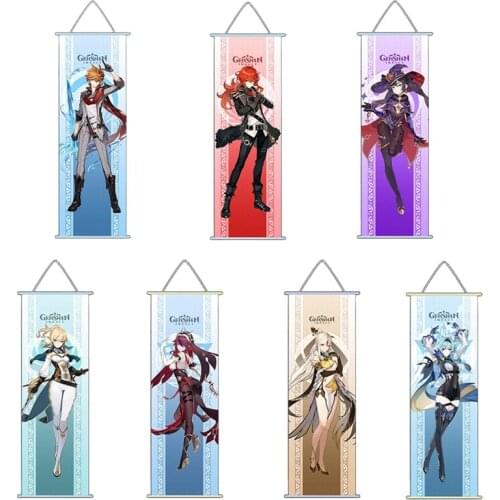 Genshin Impact Diluc Jean Rosaria Anime Poster Hanger Fabric Scroll Cartoon Comic Scroll Hanging Wall Decor
