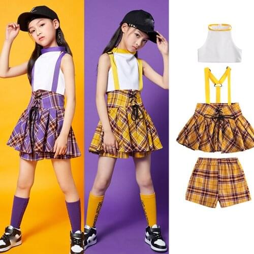 Girls Cheerleading Costumes ChildrenS Summer New Suspenders Skirt Plaid Catwalk Jazz Dance Performance Stage Outfits DQS6897