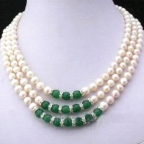 Elegant women 3 rows 7-8mm natural white freshwater cultured pearl green jades round beads necklace party weddings 17-19" MY5282