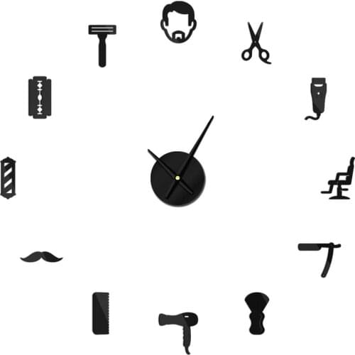 Barber Shop Tools Beard Style Frameless 3D Wall Clock Male Hairstyle Mustache Quartz Acrylic Size Adjustable DIY Mirror Sticker