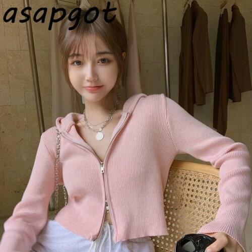 Short Solid Pink Hooded Sweaters Double Zipper Cardigan Coat Chic Korean Sweet Fashion Knitwear Tops Wild Dropshipping Gentle