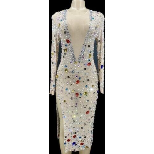 Sparkly Colorful Rhinestones Short Dress Fashion Prom Gown Evening Sexy Split See Through Crystals Birthday Club Party Dress