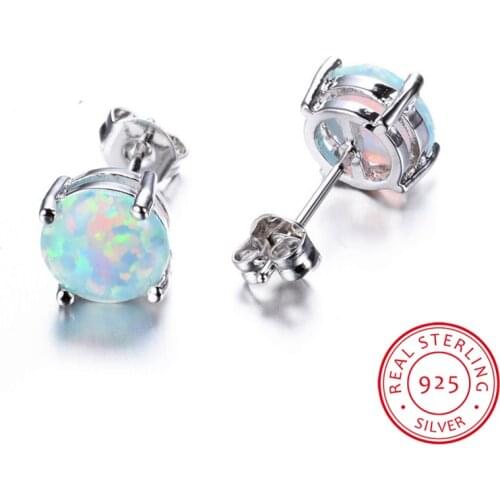 Cute Female Blue White Fire Opal Stud Earrings 925 Sterling Silver Earrings For Women Minimalist Small Round Earrings