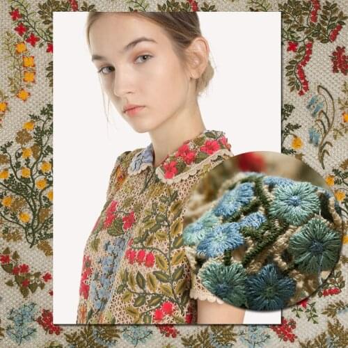 Couture fashion red&blue floral embroidery hollow eyelet khaki lace fabric,sewing for dress,skirt,wedding,craft by the yard