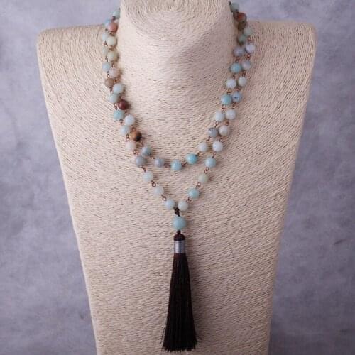 Fashion Rosary Chain Beaded Tassel Bohemian Jewelry Semi Precious Stone Layering Necklace Amazonite Natural Stone Halsband