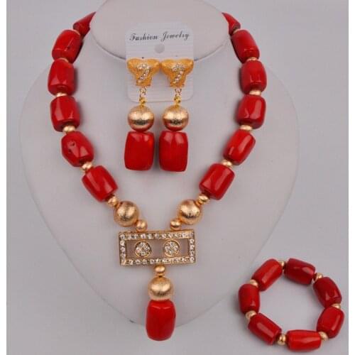Fashion Ladies Wedding Dress Accessories Red Natural Coral Bead Necklace African Jewelry Nigeria Wedding Jewelry Set AU-206