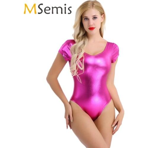 MSemis Ballerina Women Shiny Patent Leather Ballet Gymnastics Leotard Bodysuit Dance Costume Dancewear Workout Swimsuit Swimwear