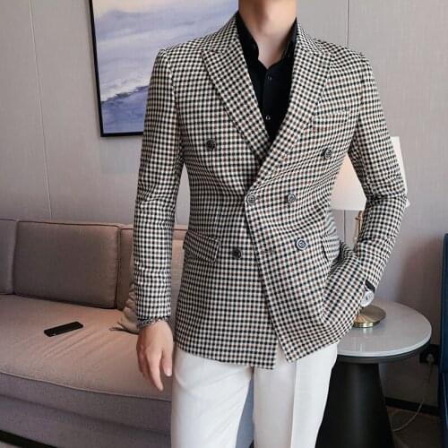 Mens Suits & Blazers Versatile Slim Vintage Plaid Suit Jacket 2021 Wedding Dress Double Breasted Long Sleeve Grey Brown Blazer