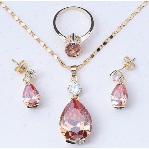 Flawless Champagne Crystal & Cubic Zirconia Yellow Gold Color Water Drop Jewelry Sets For Women Trendy Party Jewelry A0034