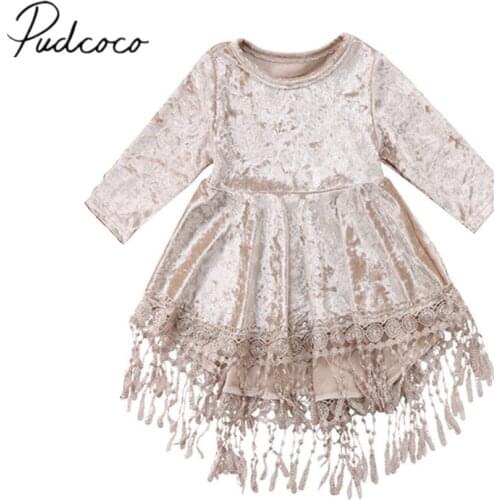 2018 Brand New Toddler Infant Child Kids Velvet Tassel Baby Dress Girls Dress Princess Bridesmaid Pageant Longsleeve Dress 6M-5T