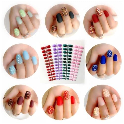 Wholesale 20Colors Custom Full Rhinestones Bling Matte Fake Nails Press On Nails Round head Soft Frosted False nails full cover