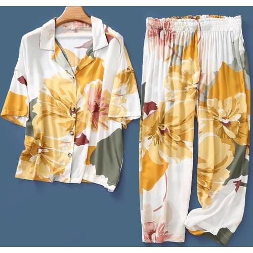 Autumn Womens 2pc Pajamas Set Printing Short Sleeve Tops Long Pants Trousers Home Pajama Sleepwear Loungewear Pyjamas Suit