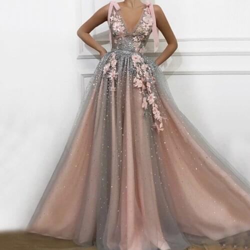 Beading Prom Dresses V-Neck Appliques Handmade Flowers Pink and Gray Diamond Pearls Sexy Tulle Evening Party Gowns 2020