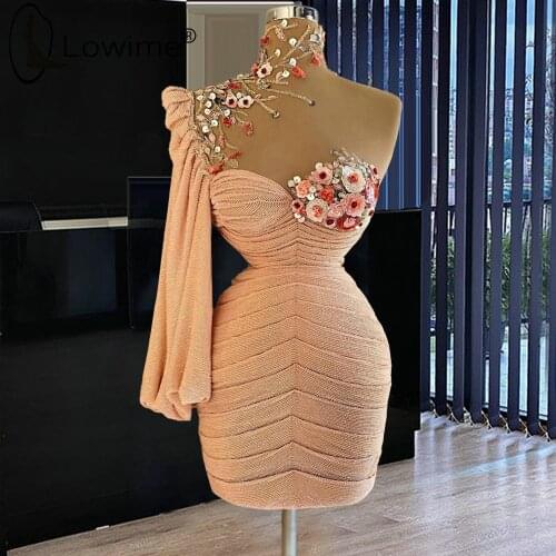Coral Pink High Neck Short Long Sleeves Prom Dresses Robes De Cocktail Sequins Flowers Mini Party Gowns Abendkleider 2021