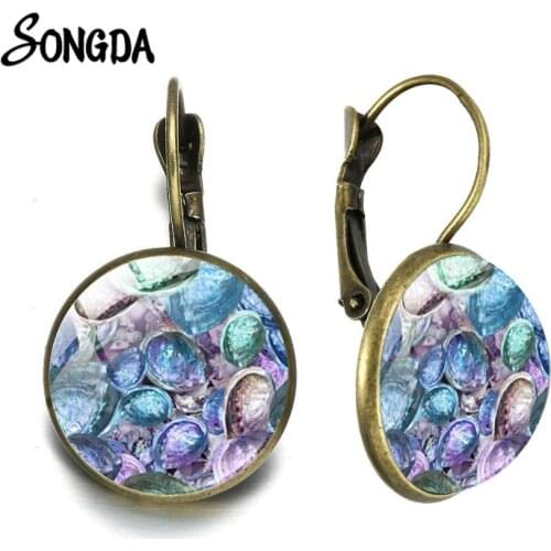 Retro French Earring Hook Abalone Shell Pattern Boho Glass Cabochon Dangle Earring Charm Round Handmade Jewelry Party Gift 2021