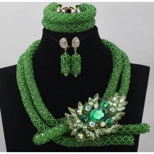 Luxury Green African Beaded Jewelry Set Nigerian Wedding Crystal Beads Necklace Set Women Gift Free Shpping ALJ877