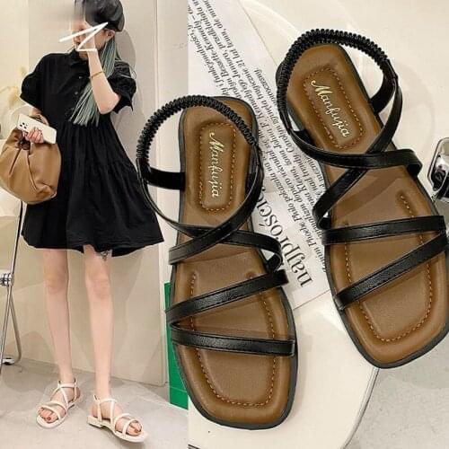 HOT 2021 New Casual Roman Sandals Cross-tied Flat Elastic Slip On Open Toe Leather Women Black Summer Sandals 35-40
