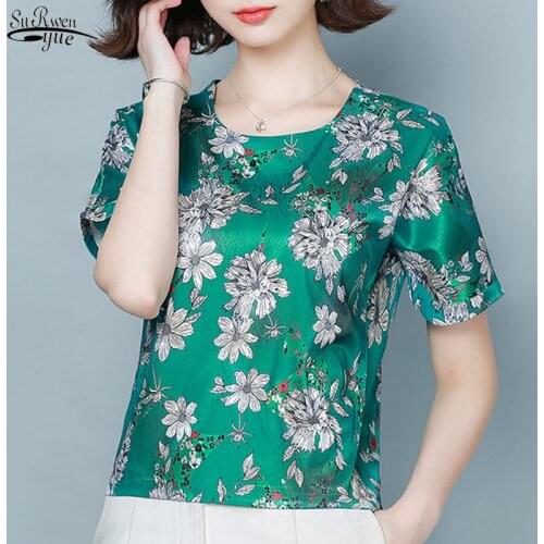 2021 Casual Silk Floral Short Sleeve Women Shirt Elegant O-neck Plus Size Summer Blouse Women Vintage Loose Women Tops 9066 50
